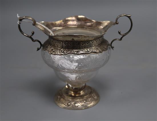 A late Victorian silver mounted glass two handled inverted pear shaped vase, Charles Edwards, London 1896, 12.7cm.